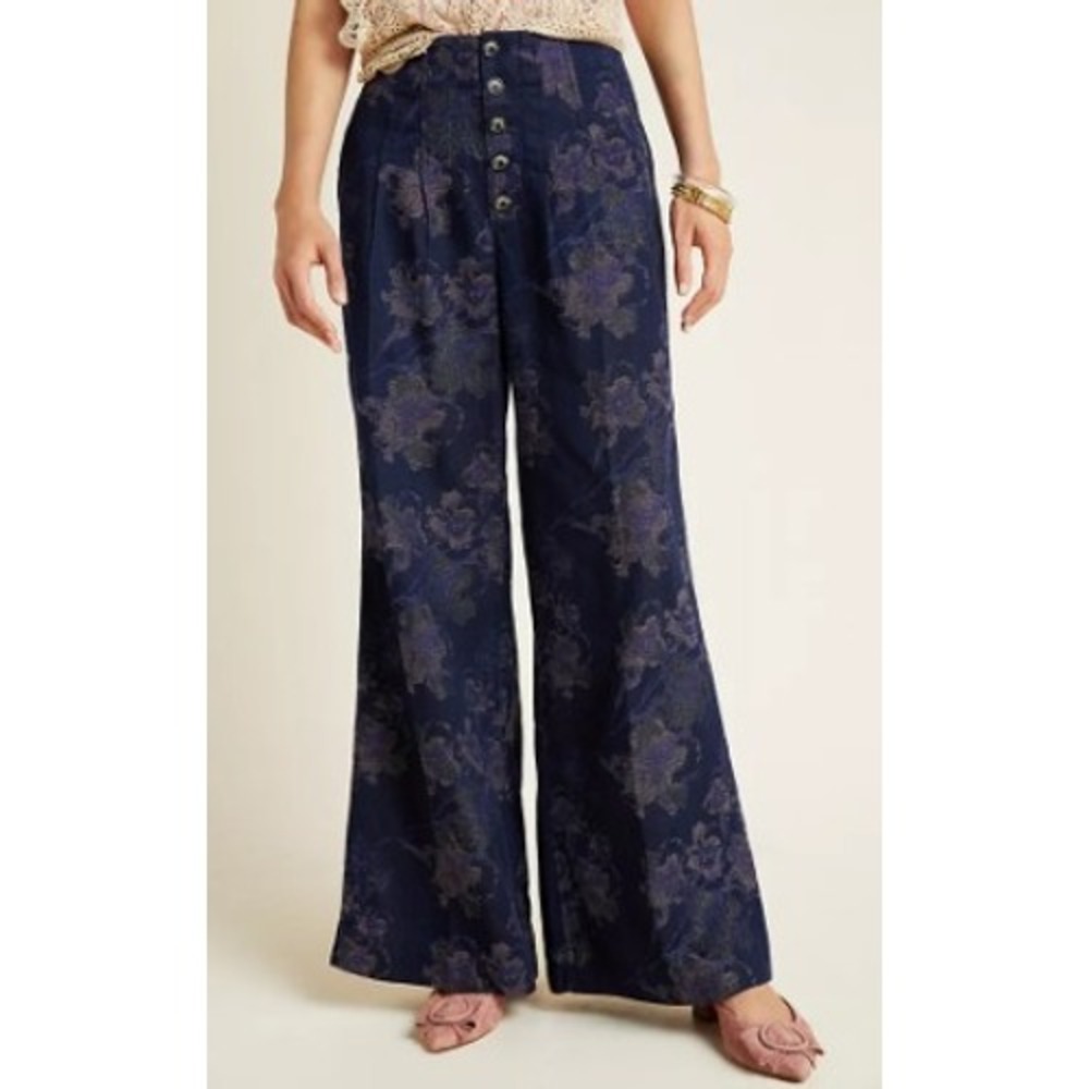 Pilcro Ultra High Rise Wide Leg Floral Jacquard Pants 29 Metallic Button Fly